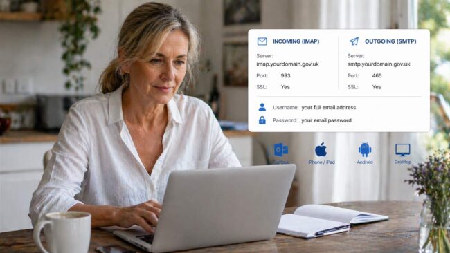 Woman using a laptop at a table with email server settings and device icons overlaid on the image.
