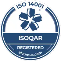 ISO 14001 ISOQAR badge, blue flower logo, alcumus.com—ideal for parish council websites.