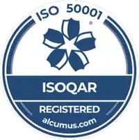 Blue and white ISOQAR ISO 50001 badge for accessible parish council websites and alcumus.co.uk.