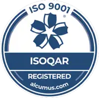 Blue and white ISO 9001 badge for parish council website hosting, featuring a flower emblem.